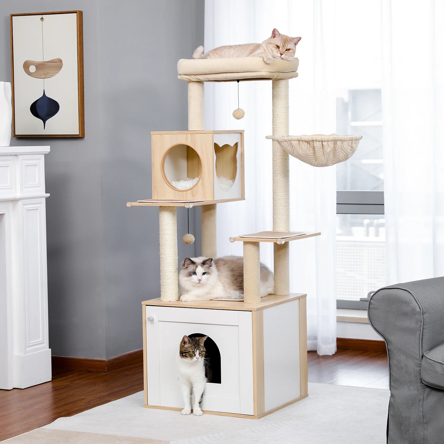 Cat Tree with Litter Box Enclosure Large Wood Tower with Storage Cabinet and Cozy Cat Condo Sisal Covered Scratching Post