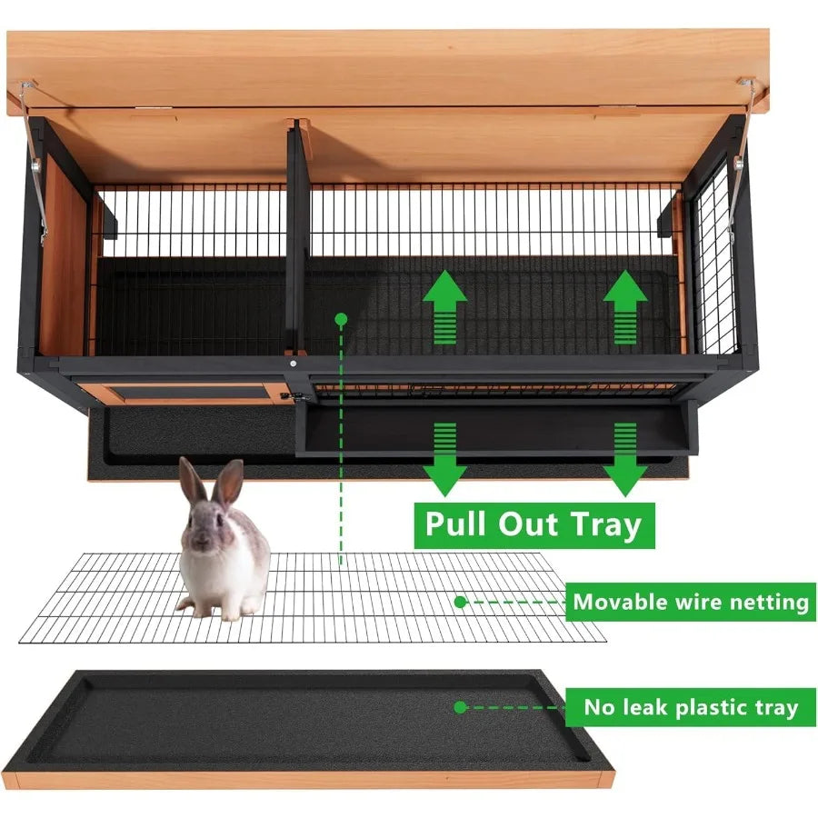 Rabbit Small Animal Hutch with Wooden Construction and Deep Pull-Out Tray Waterproof Indoor Outdoor