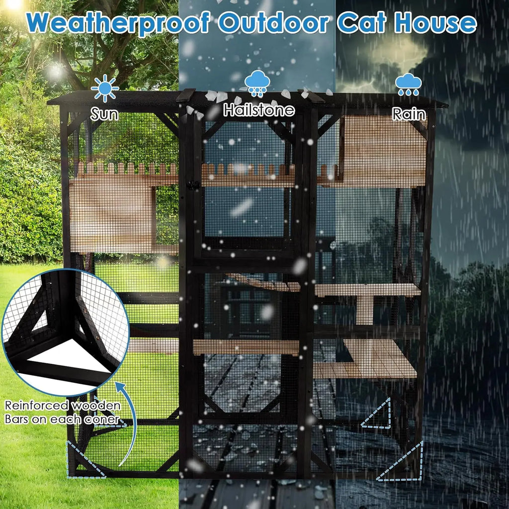 71" Large Outdoor Cat Enclosure Walk-in Weatherproof Roof 6 Doors