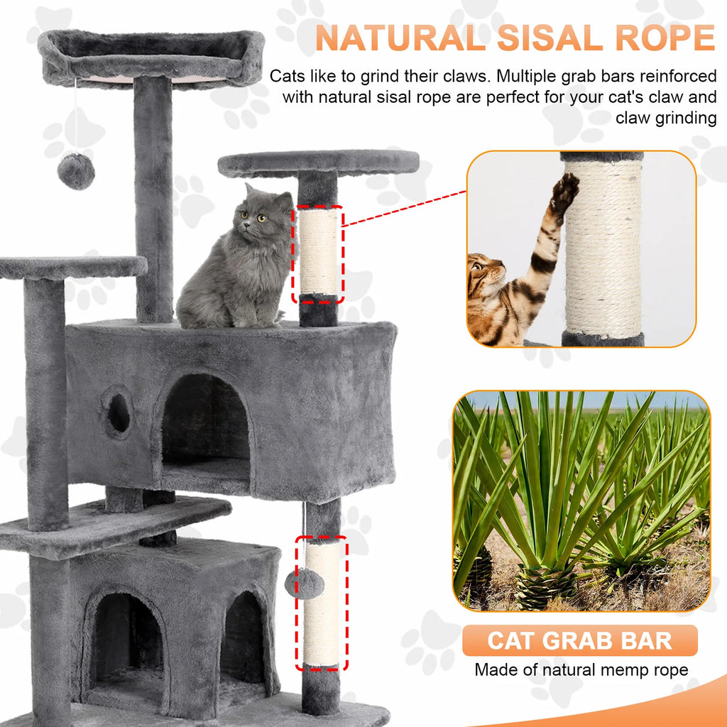 Cat Tree 54/70 Inch with Sisal-Covered Scratching Posts Dangling Ball for Cats to Play and Sleep