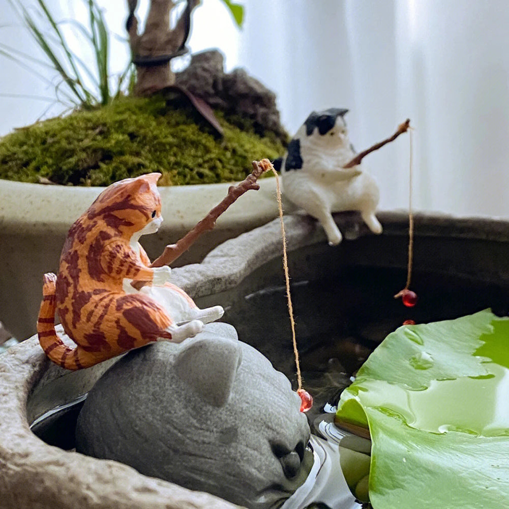 Kitten Fishing Ornament Fish Tank Landscape Decorations Cat Fishing Figurine Aquarium Tanks