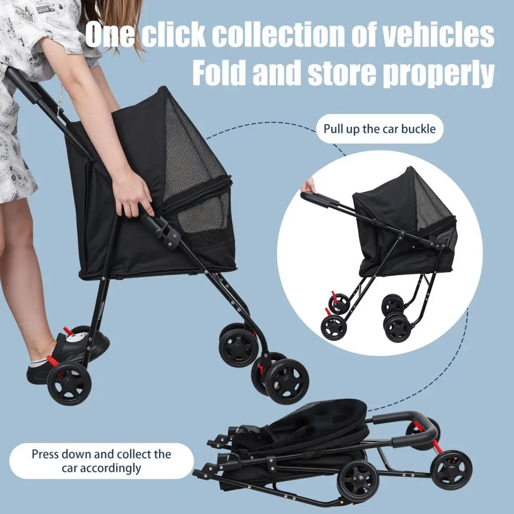 Pet Stroller For Small Dogs, Foldable With Sunshade And Four Wheels, Breathable Mesh For Visibility