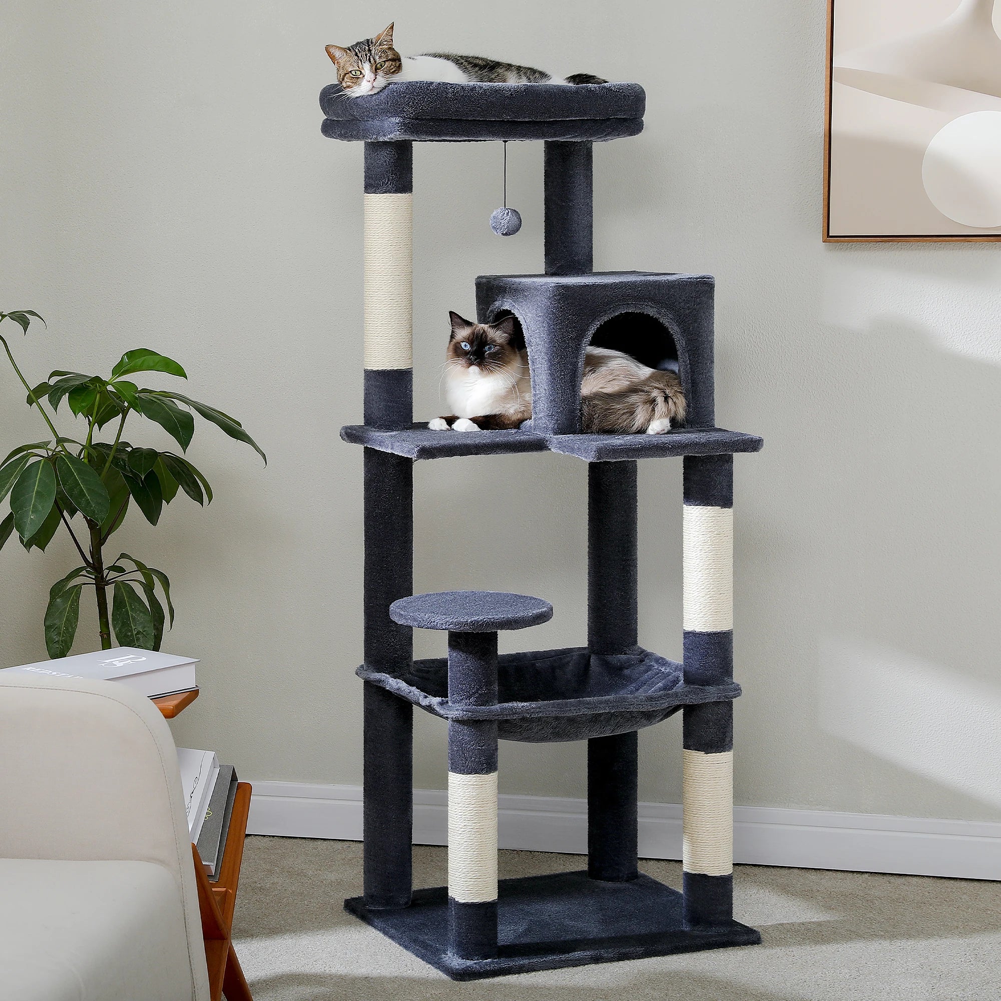 Cat Tree for Indoor Cats 5-Level for Large Cats with Large Hammock Sisal Covered Scratching Posts Cozy Condo Top Perch