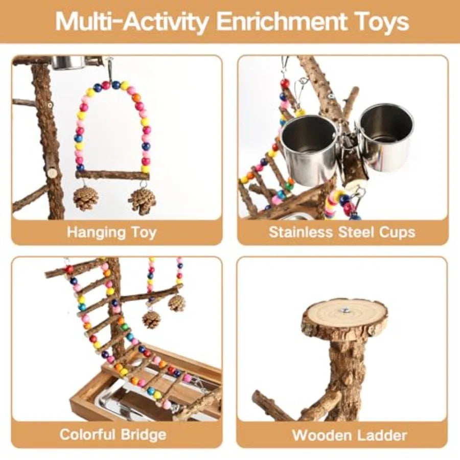 Bird Perch Play Stand Playground, Toys, Bird Cage Accessories, Natural Wood
