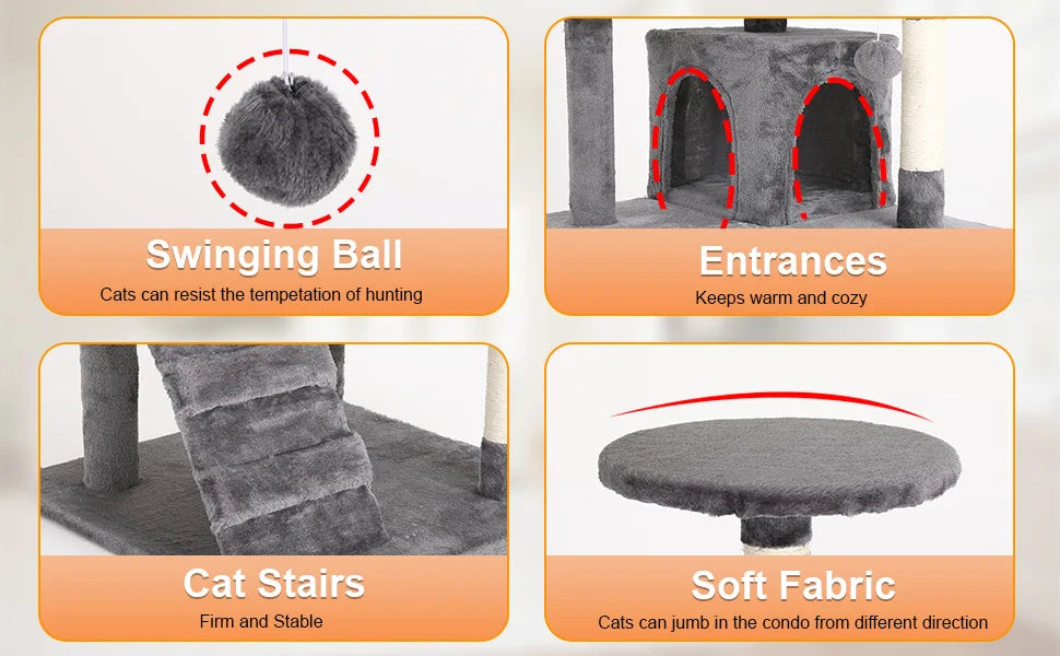 Cat Tree 54/70 Inch with Sisal-Covered Scratching Posts Dangling Ball for Cats to Play and Sleep