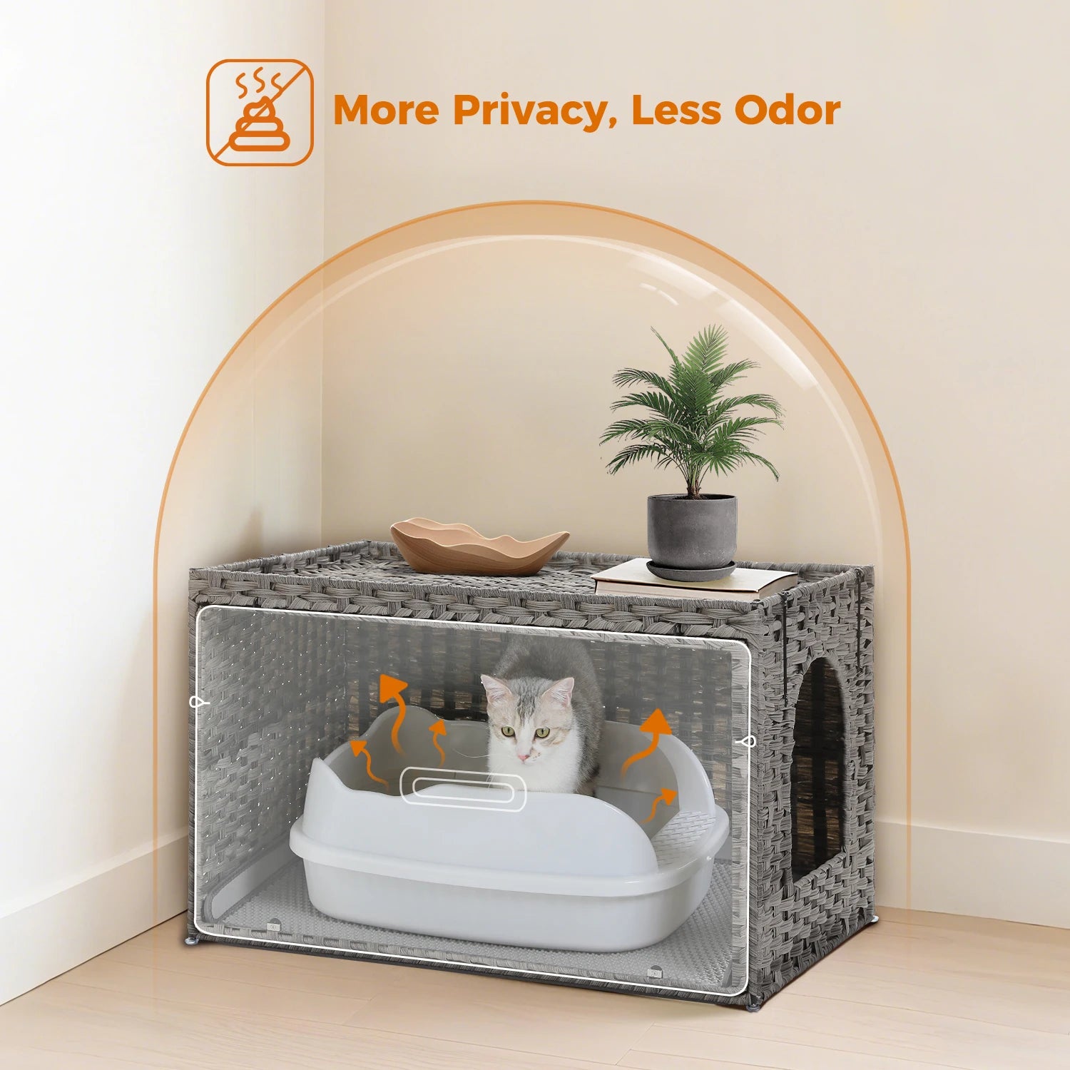 Rattan Cat Litter Box Enclosure Furniture with Door, Handwoven Rattan Hidden Litter Box