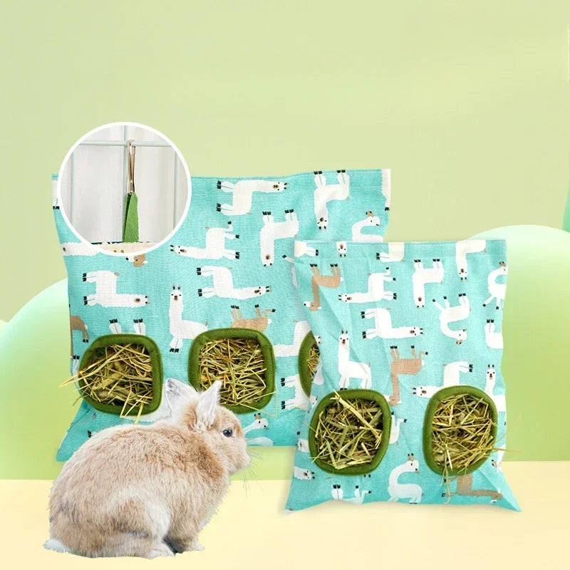 Hanging Feeding Bag Pet Hay Bag for Guinea Pigs Small Animal Feeder Rabbit 3 Holes Food Dispensers
