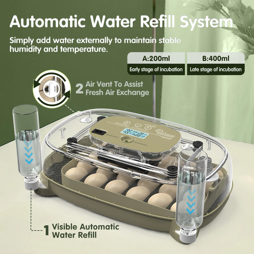 24 Egg Incubator with Automatic Turning, Temperature and Humidity Control, LED Egg Candler, and Auto Water Addition