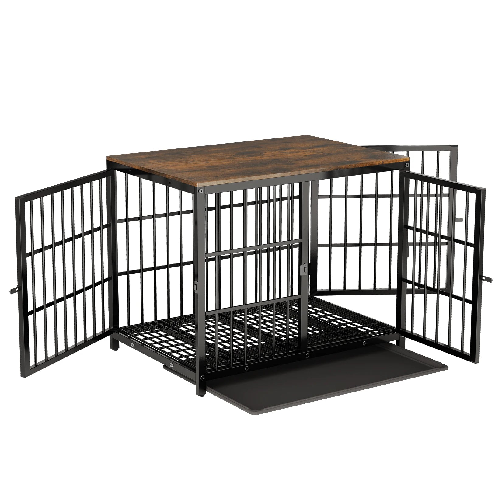 Heavy Duty Dog Kennel Metal Wooden End Table Furniture Style with Three Doors and Removable Tray