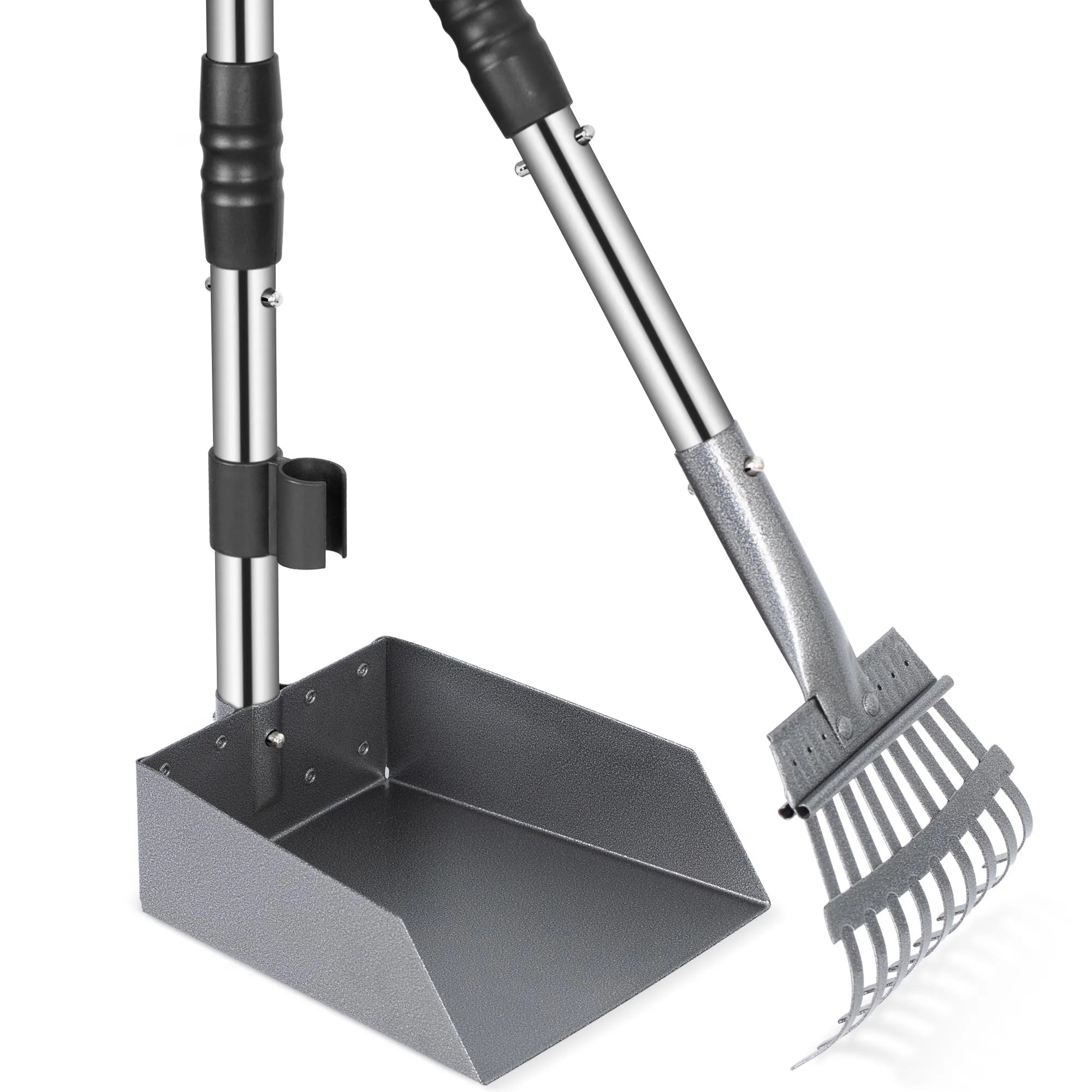 Dog Pooper Scooper, Tray and Rake Set, Pet Waste Removal Scoop with Long Adjustable Sectional Stainless Handles