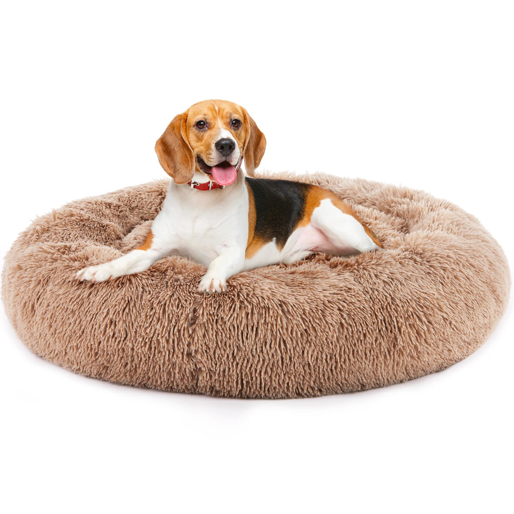 Calming Dog Bed for Medium to Large Dogs Washable Large Pet Bed Anti-Slip Round Fluffy Plush Faux Fur