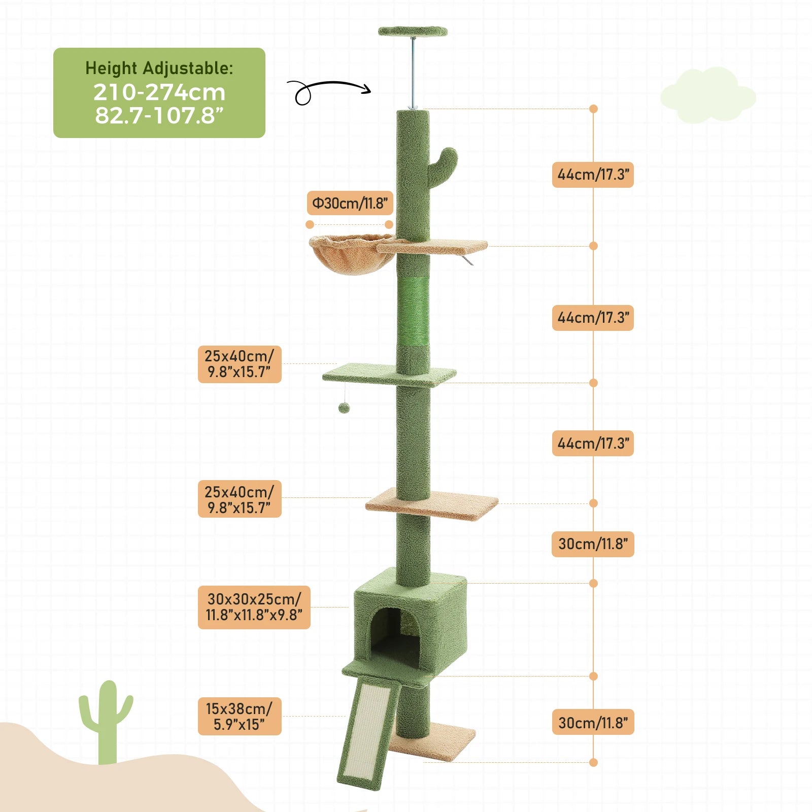 Cactus Cat Tree Floor to Ceiling Cat Tower with Sisal Scratching Post, Comfortable Hammock for Multi-Cat Homes