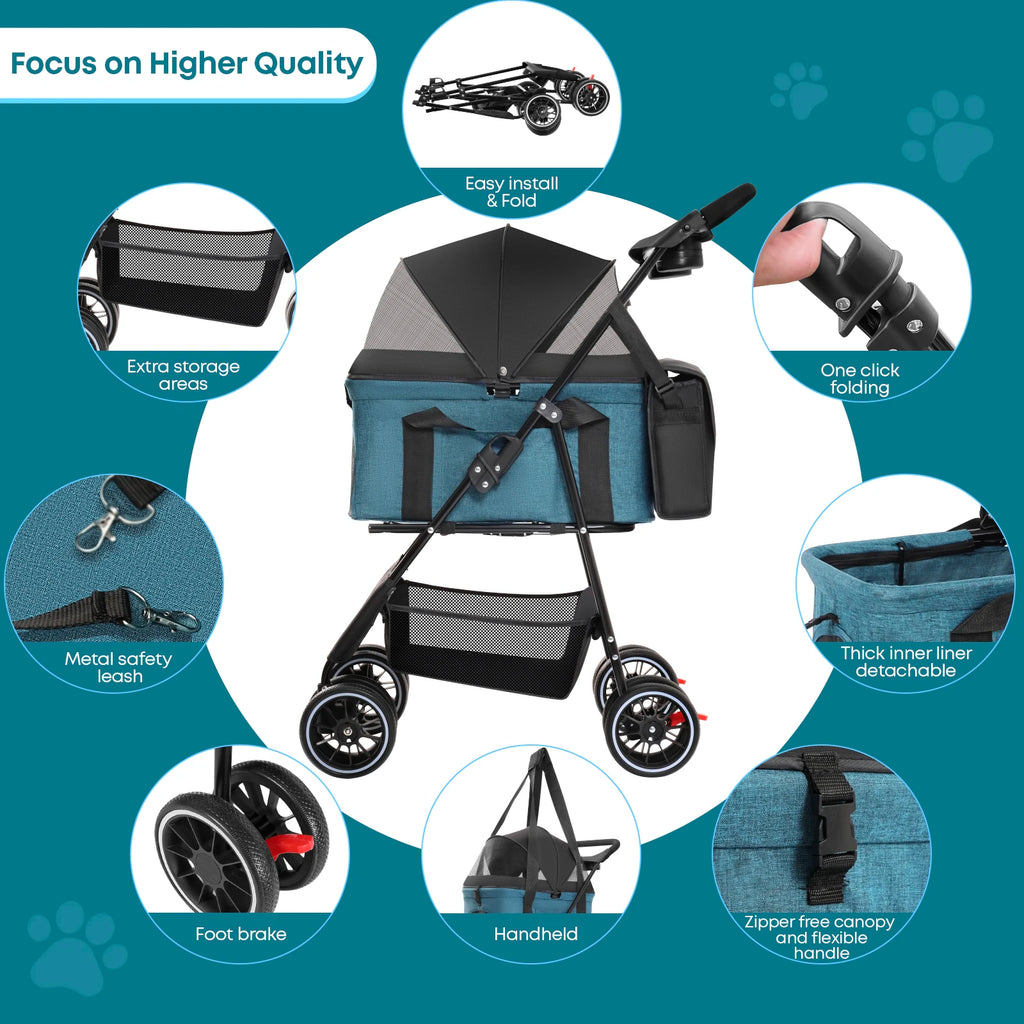 3 in 1 Pet Stroller For Small Dogs Cats Lightweight And Foldable Detachable Bag