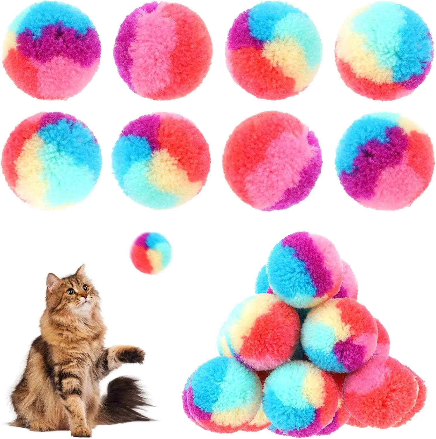 30 Pcs Soft Plush Cat Toy Balls, Rainbow Colors, 1.2-inch for Pet Play and Exercise