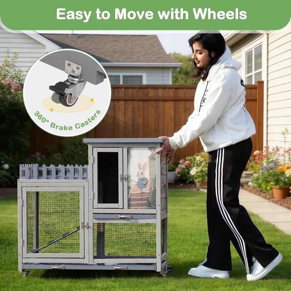 Compact Rabbit Hutch with Balcony - Portable Bunny Cage for Indoor or Outdoor Use, Includes Ramp and Pull-Out Tray