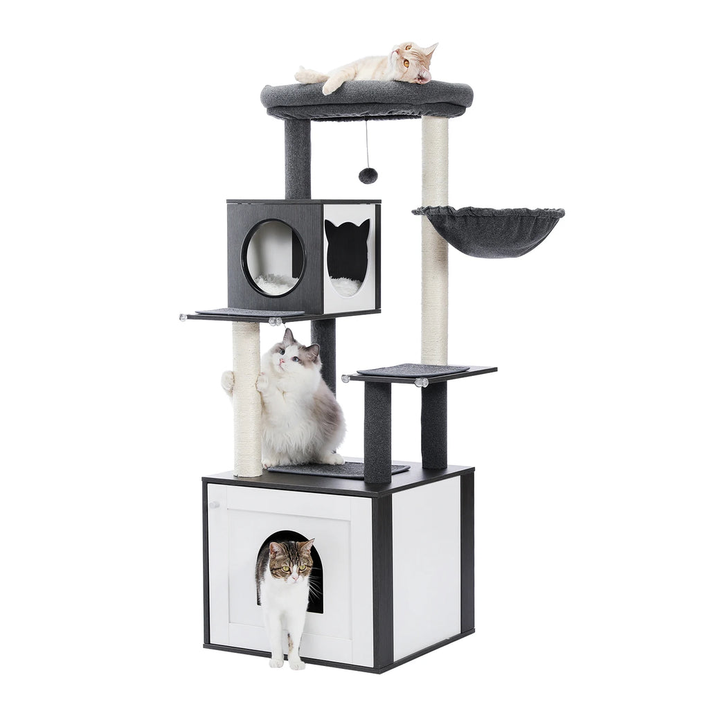 Cat Tree with Litter Box Enclosure Large Wood Tower with Storage Cabinet and Cozy Cat Condo Sisal Covered Scratching Post
