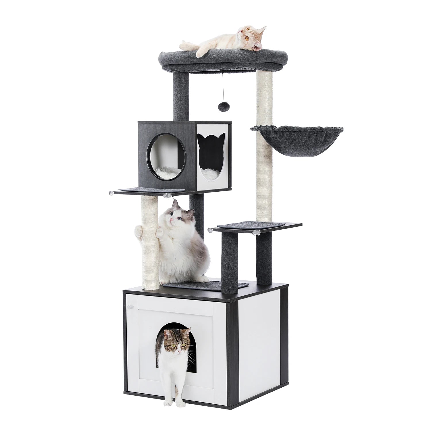 Cat Tree with Litter Box Enclosure Large Wood Tower with Storage Cabinet and Cozy Cat Condo Sisal Covered Scratching Post