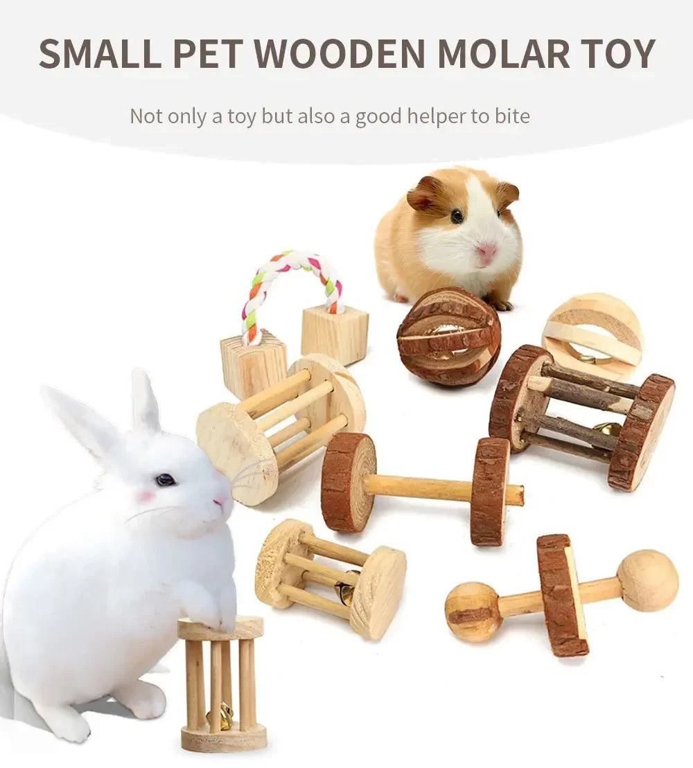 Cute Rabbit Roller Toys Natural Wooden Pine Dumbbell Unicycle Bell Chew Toys for Guinea Pigs Rat Small Pet