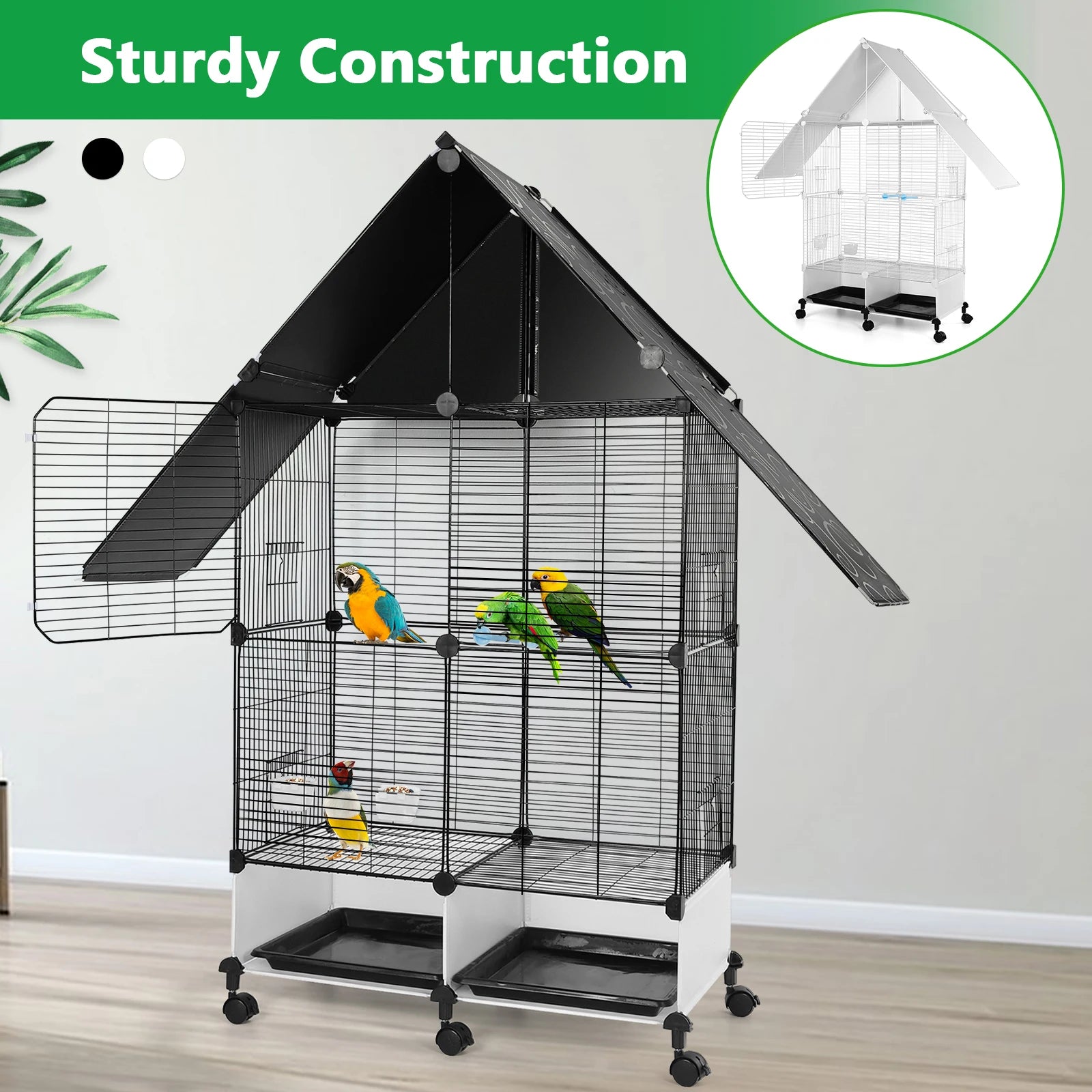 Bird Cage with Rolling Stand House Shape Large Iron with Lock