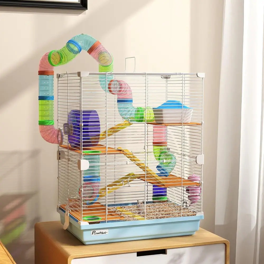 18" 5 Tier Hamster Cage with Tubes and Tunnels, Small Animal Cage with Portable Carry Handle, Gerbil Cage with Water Bottle