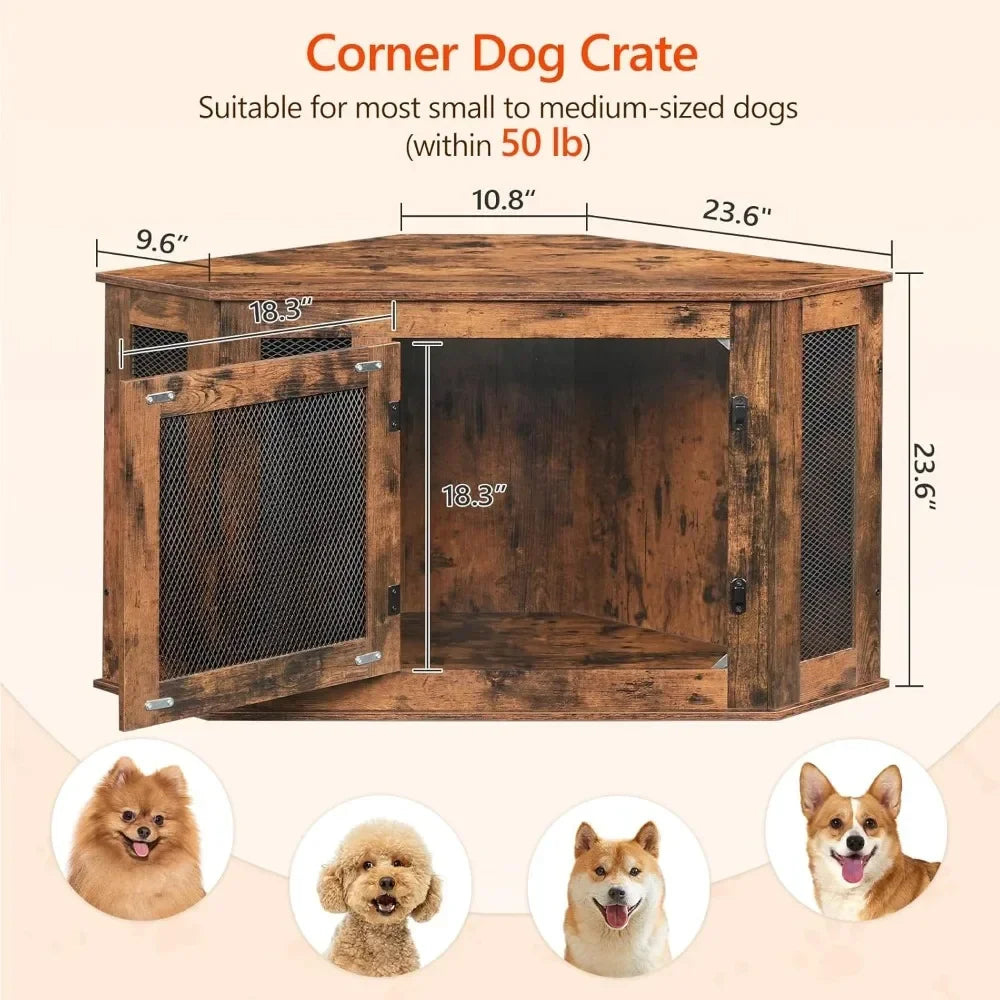 Corner Dog Crate, Wooden End Table, Decorative Pet Crate Indoor Use