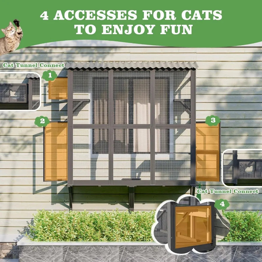 Expandable Outdoor Cat Enclosure with Window Perch for Multiple Indoor Cats Featuring 4 Platforms and 4 Doors Patio
