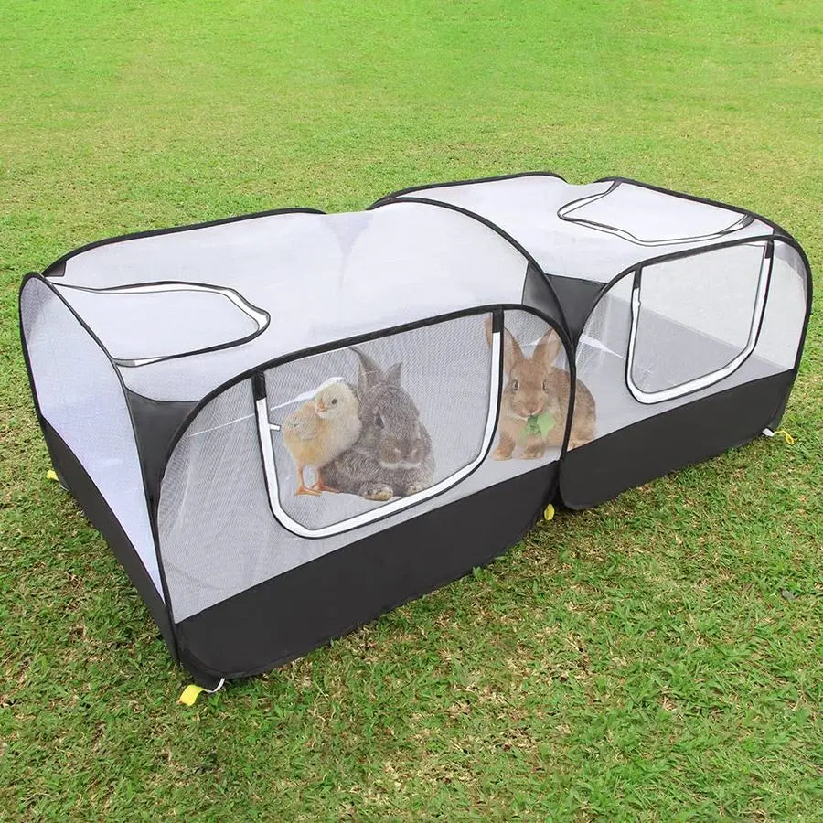 Animal Pet Playpen with Feeder Bowl and Storage Bag, Portable Breathable Indoor Outdoor