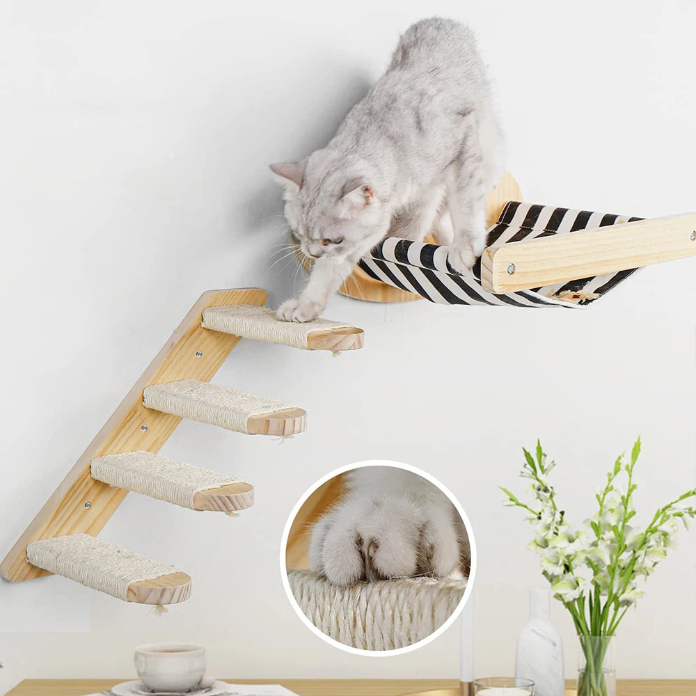 3Pcs Cat Hammock with Four Step Sisal Stairways or Scratching Posts Set Wall Mounted Wooden Climbing Shelf Perch