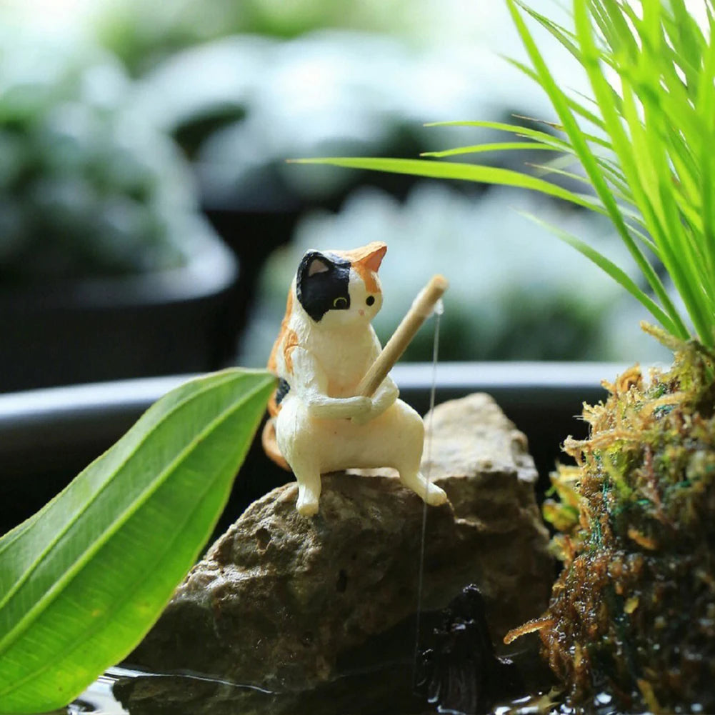 Kitten Fishing Ornament Fish Tank Landscape Decorations Cat Fishing Figurine Aquarium Tanks