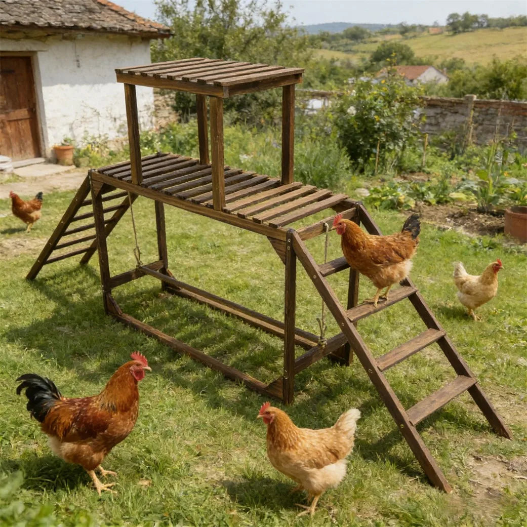 Solid Wood Chicken Perch Coop with Swing Ladder Platform Roosting Bar