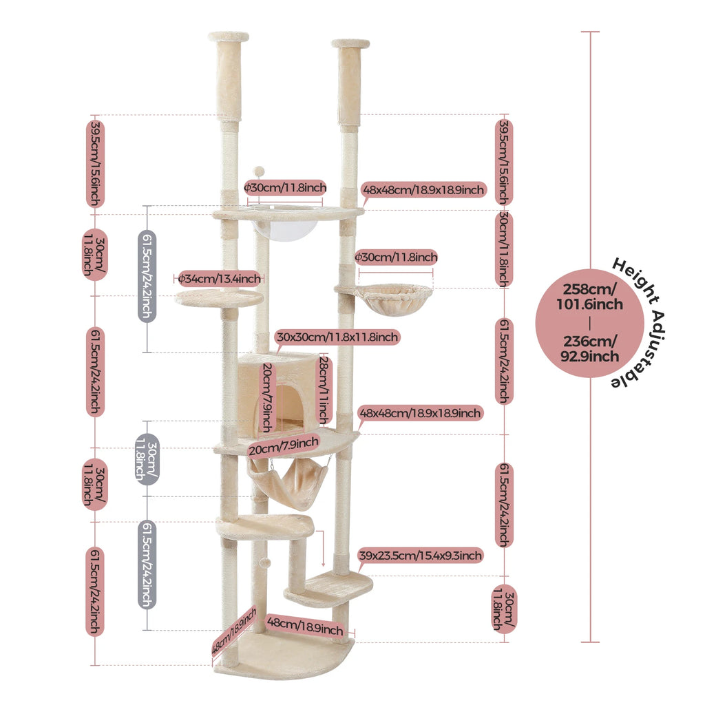 Floor to Ceiling Cat Tree Adjustable Climbing Play House with Scratching Posts Cozy Condo Perches Hammock