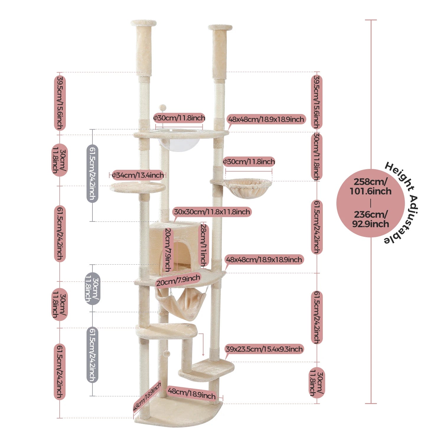 Floor to Ceiling Cat Tree Adjustable Climbing Play House with Scratching Posts Cozy Condo Perches Hammock