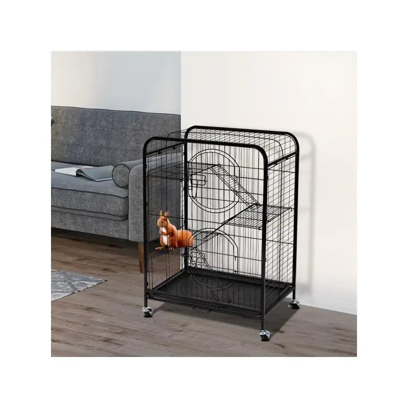 37" Metal Small Animal Cage with Ramps, Feeders & Wheels for Small Animals, Black