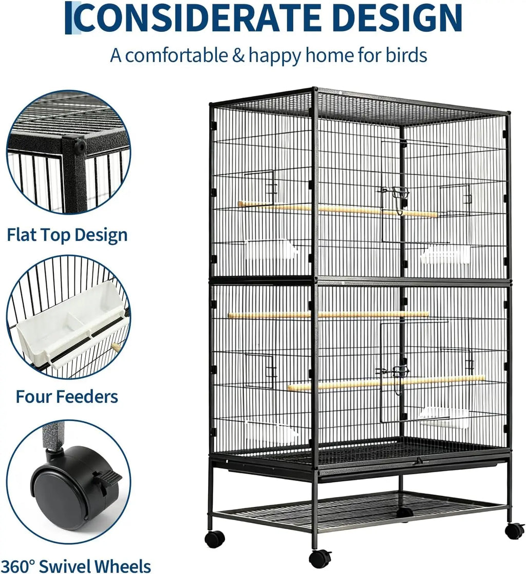 61" H Large Bird Cage with Rolling Wheels Storage Stands, Feed Bowls, Wide Tall