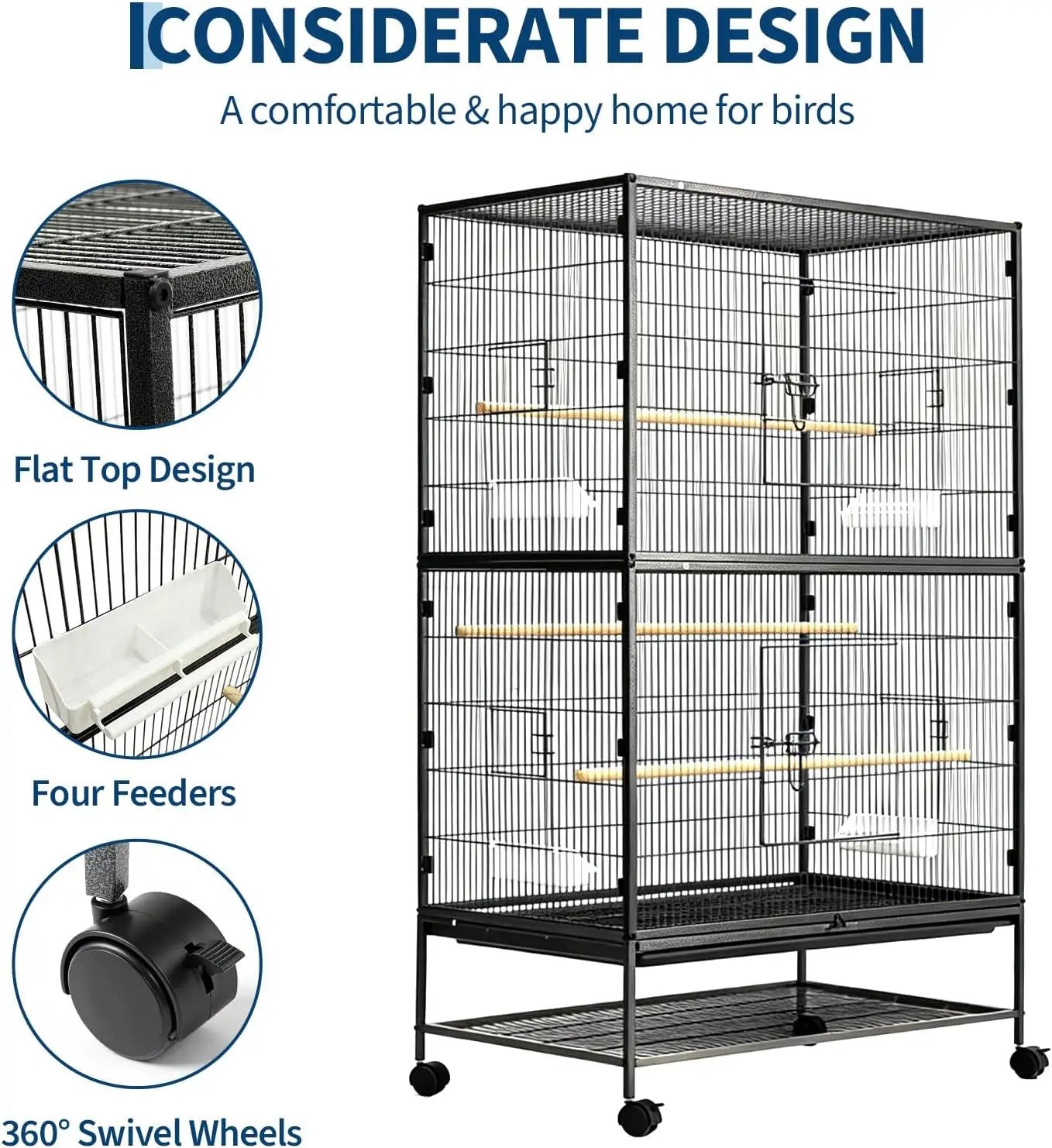 61" H Large Bird Cage with Rolling Wheels Storage Stands, Feed Bowls, Wide Tall