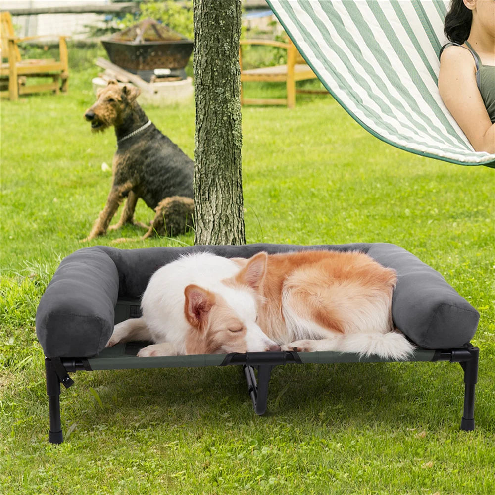 Large Dog Bed Outdoor Raised Dog Bed with Cooling Breathable Mat and Soft Plush Mat, Camping Cot Indoor/Outdoor