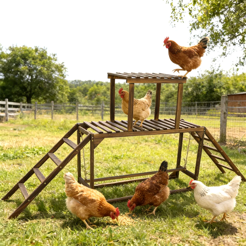 Solid Wood Chicken Perch Coop with Swing Ladder Platform Roosting Bar