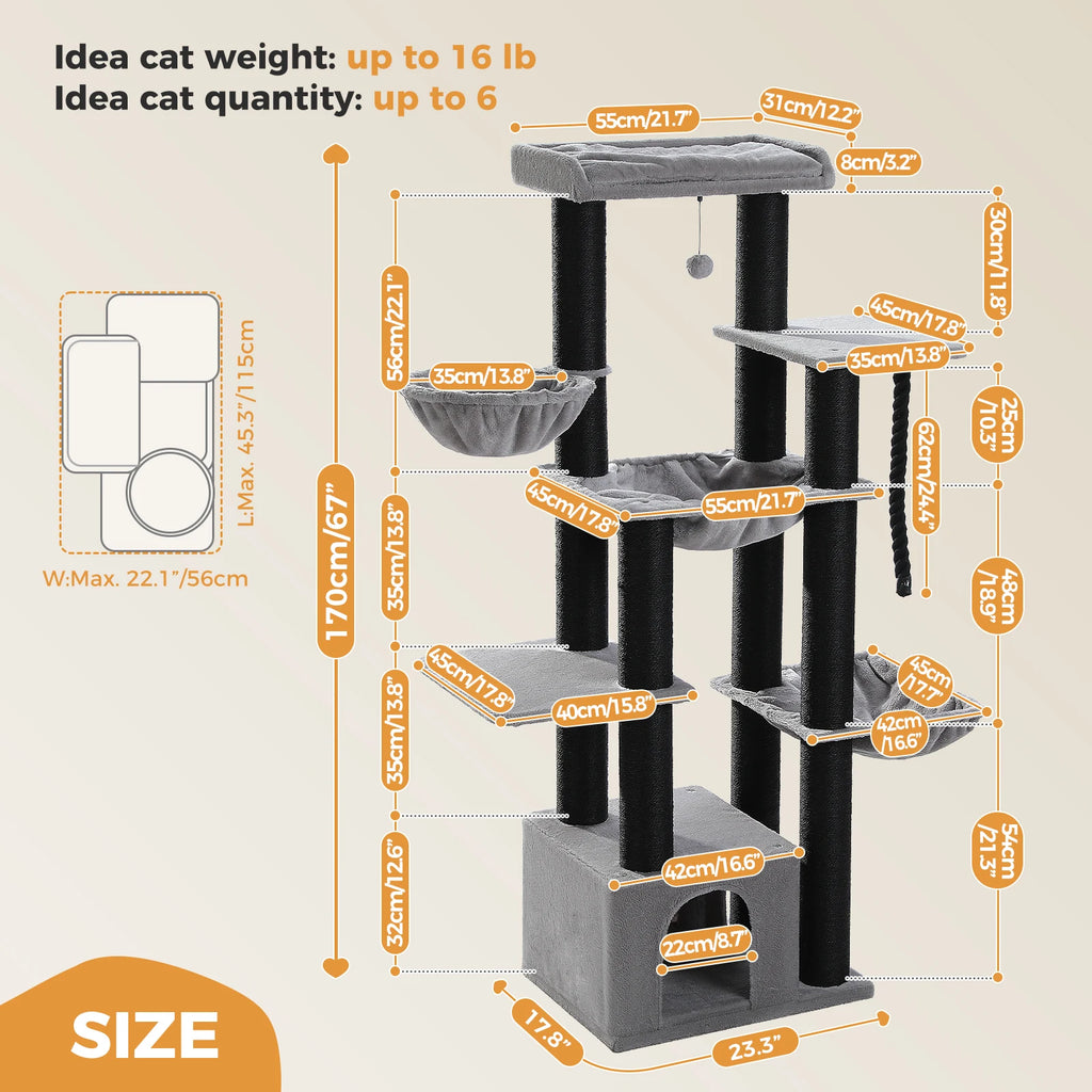 Large Cat Tree for Big Cats with Several Levels Climbing Tree with Hammock 11 Sisal Posts Large Perch