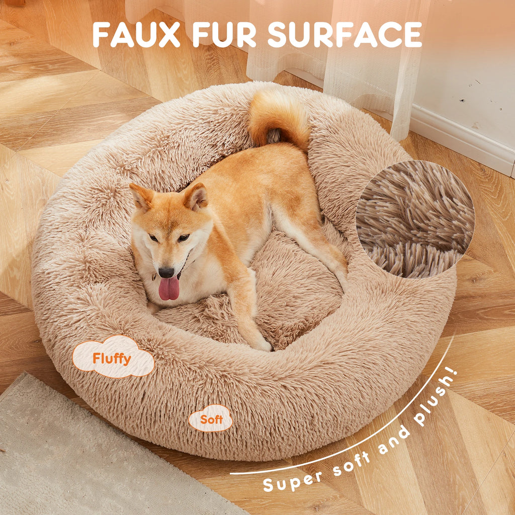 Calming Dog Bed for Medium to Large Dogs Washable Large Pet Bed Anti-Slip Round Fluffy Plush Faux Fur