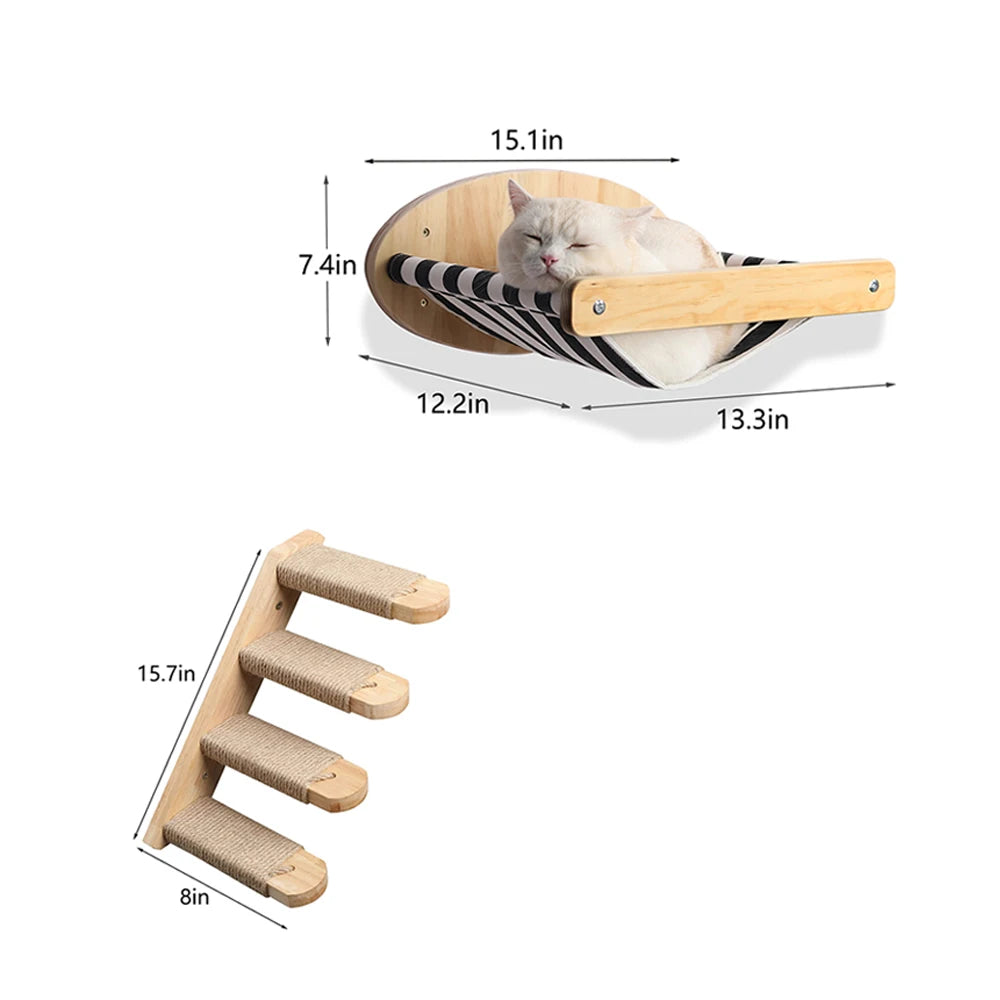 3Pcs Cat Hammock with Four Step Sisal Stairways or Scratching Posts Set Wall Mounted Wooden Climbing Shelf Perch