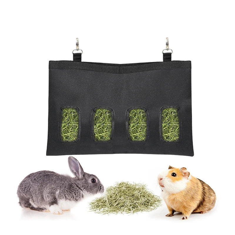 Hay Bag Hanging Pouch Feeder Black Durable Feeding Dispenser Container for Rabbit Guinea Pig Small Animals