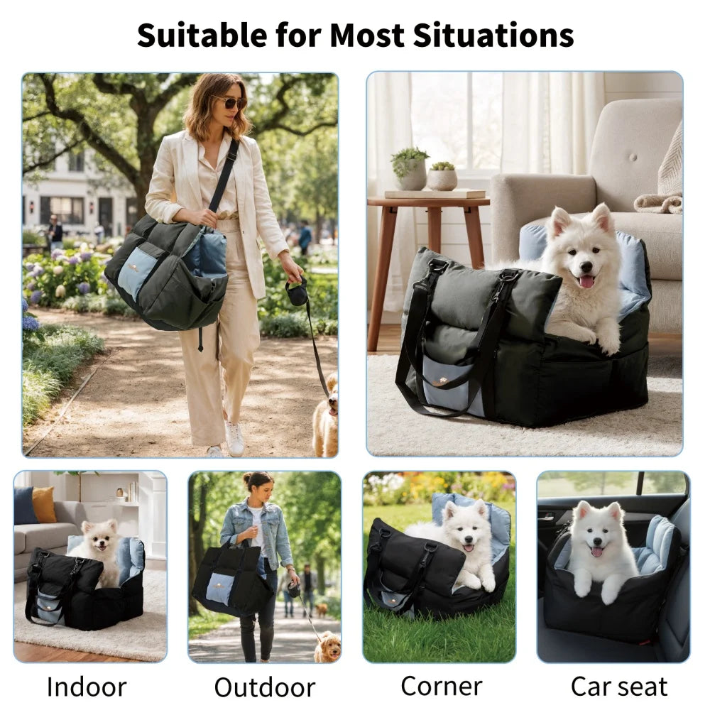 Portable Dog Car Seat Travel Bed Carrier Cushion with Storage Pocket