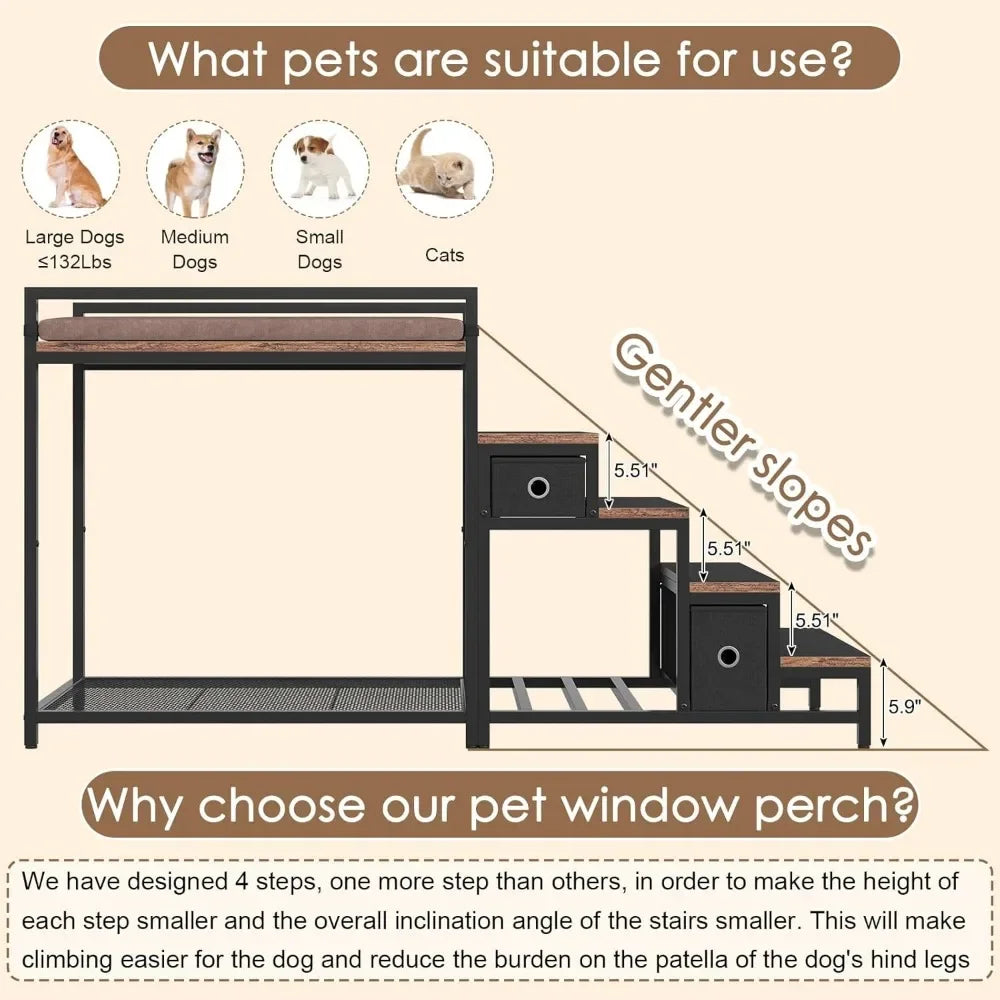 Pet Bunk Bed with Removable Stairs and 2 Drawers, Dogs/Cats Window Perch, Window Seat with Soft Cushion, Ultra-Shallow Steps