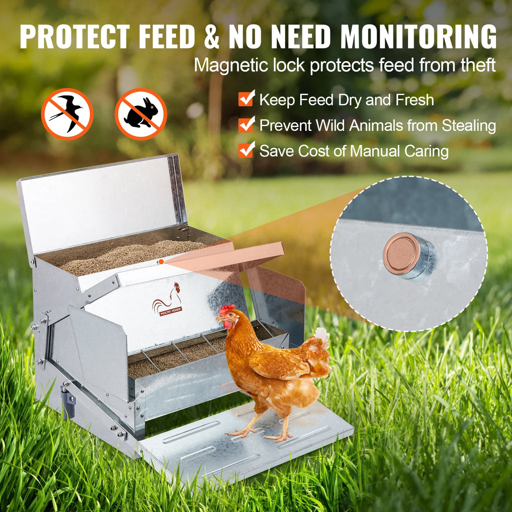 Automatic Chicken Feeder 25 lbs Capacity Galvanized Steel Poultry Feeder