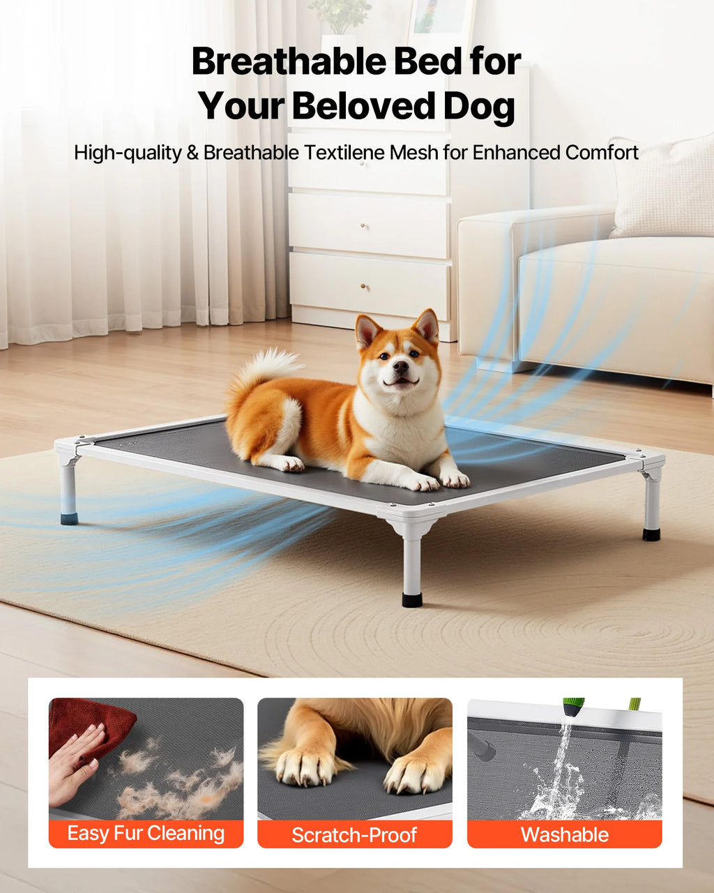 Elevated Dog Bed for Large Dogs Portable Raised Cot with Aluminum Tube Metal Frame and Breathable Textile Mesh