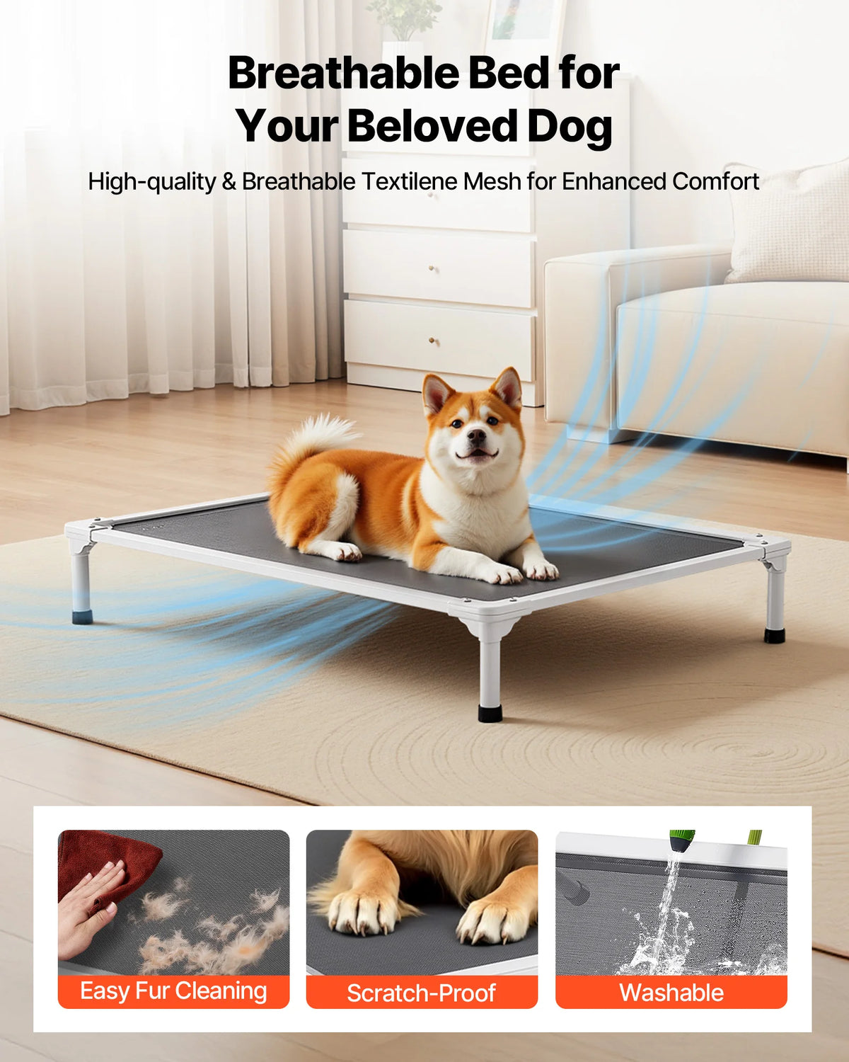 Elevated Dog Bed for Large Dogs Portable Raised Cot with Aluminum Tube Metal Frame and Breathable Textile Mesh