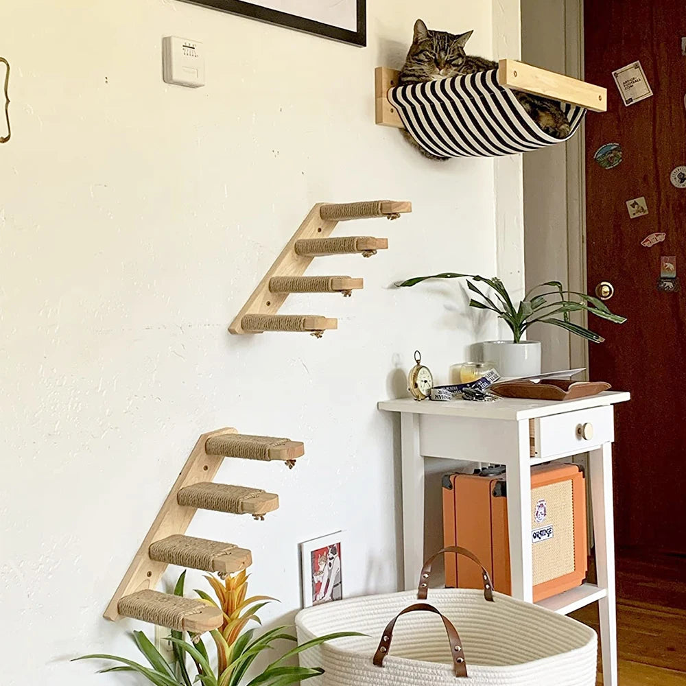 3Pcs Cat Hammock with Four Step Sisal Stairways or Scratching Posts Set Wall Mounted Wooden Climbing Shelf Perch