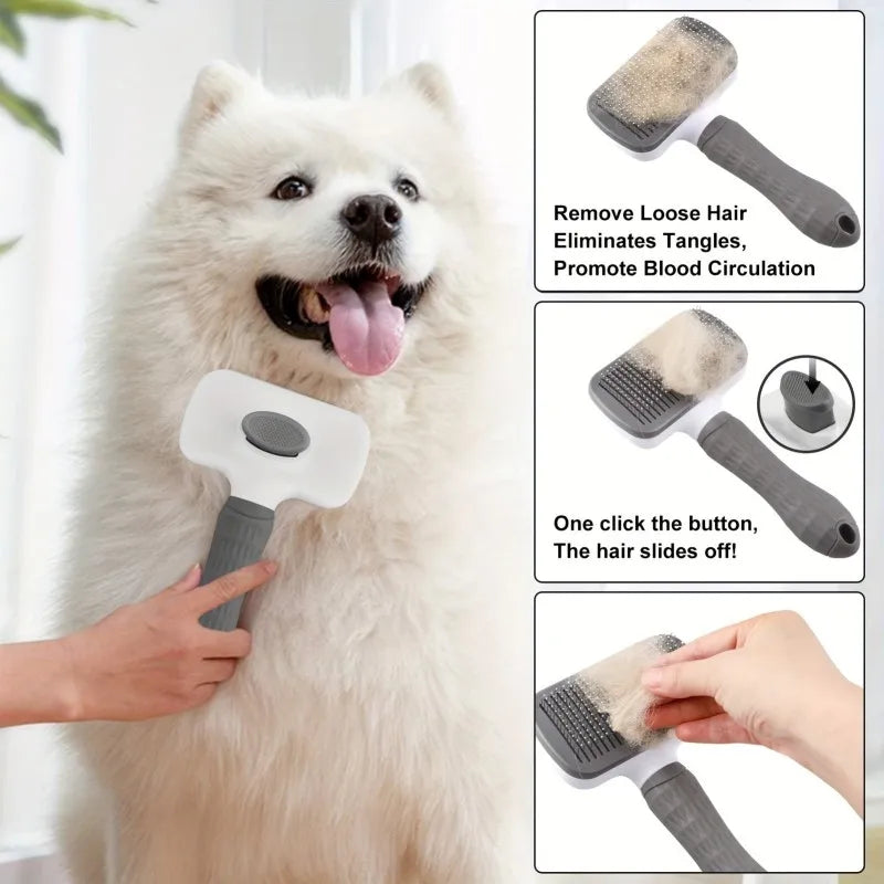 Dual-Use Dog Cat Small Animal Grooming Brush 20×10×5.5cm, Self-Cleaning Slicker Comb with Round-Tip Bent Needles, Ergonomic Handle