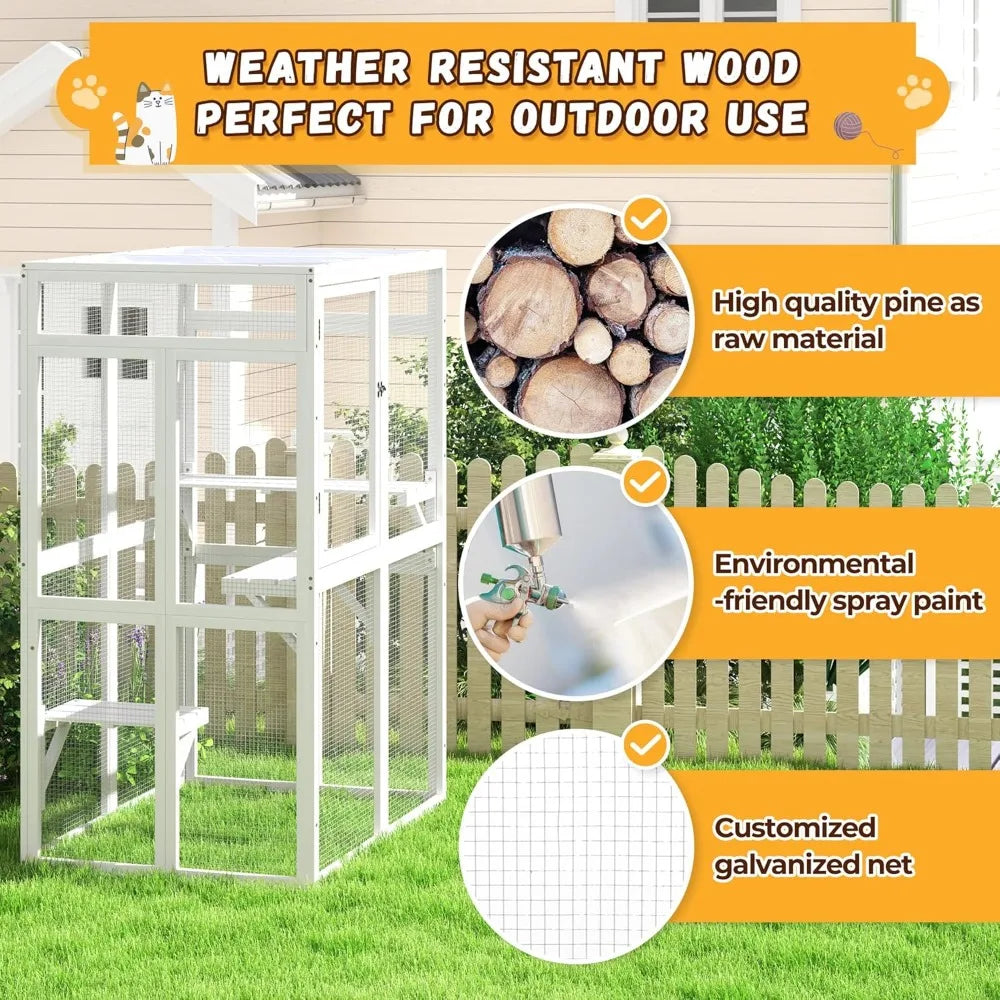 Catio Outdoor Cat Enclosure, Wooden Catio with Window Access for Patio, White