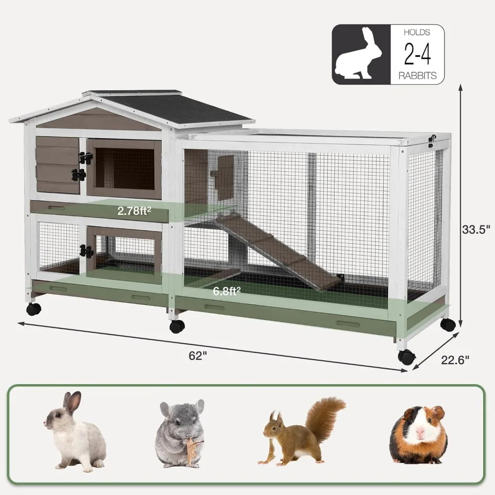 2-Story Indoor/Outdoor Rabbit Guinea Pigs Hutch Chew-Proof with 6 Locking Casters 2 Pull-Out Trays